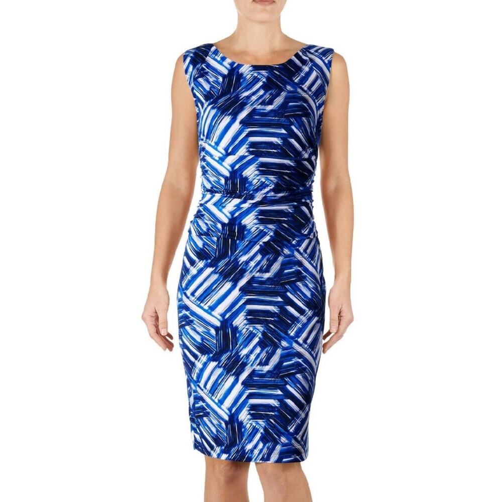 Nine West 3946 Blue 14 Abstract Ruched Waist Stretch Jersey Sheath Dress $98